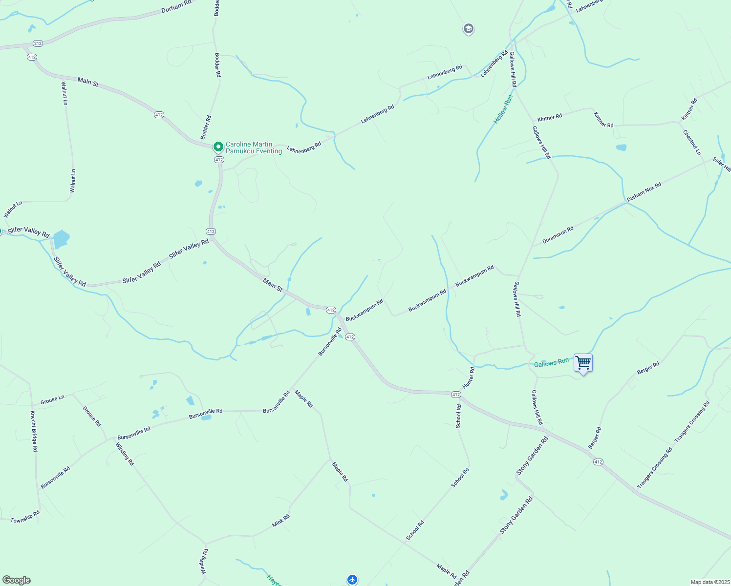 map of restaurants, bars, coffee shops, grocery stores, and more near 3563 Buckwampum Road in Riegelsville