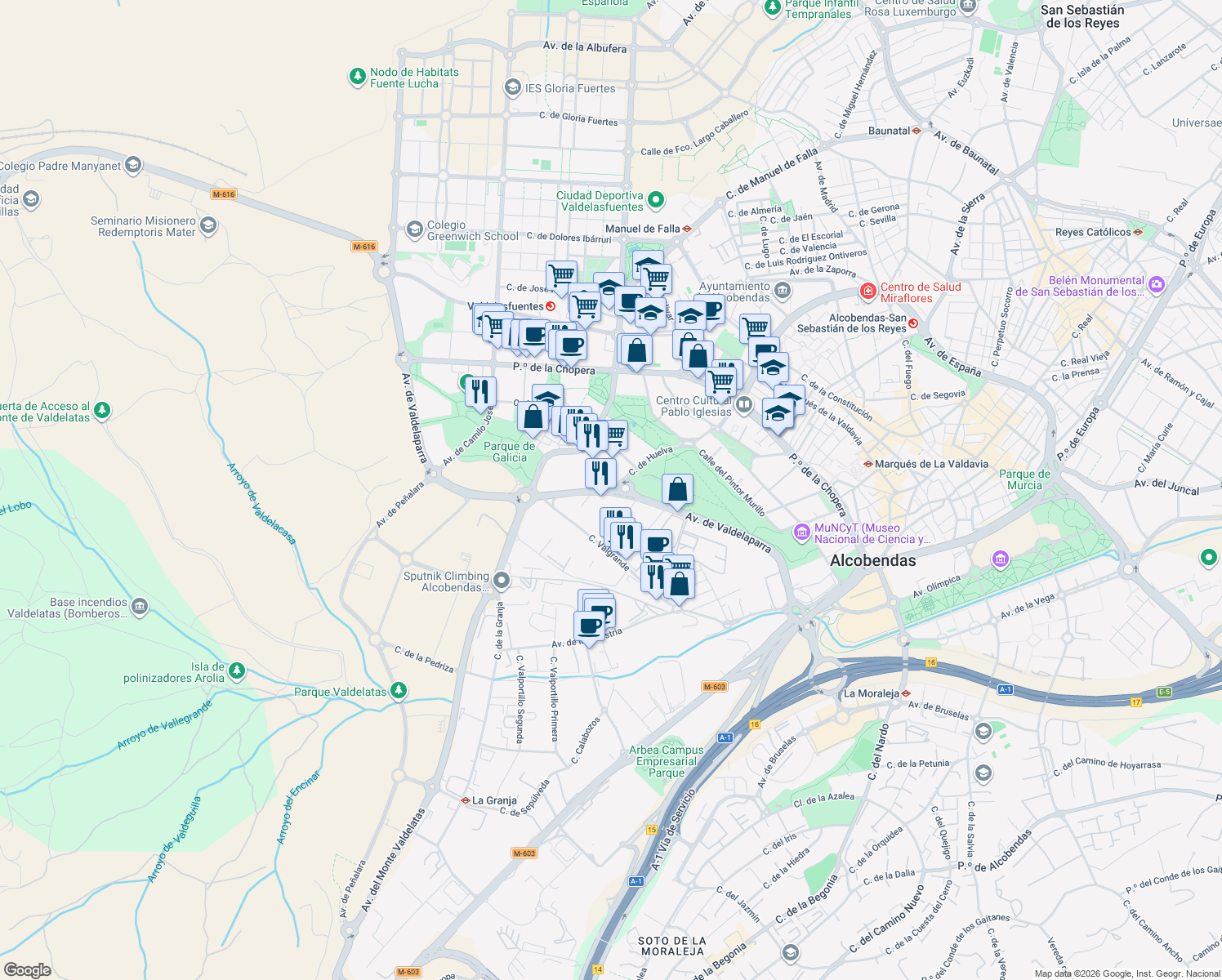 map of restaurants, bars, coffee shops, grocery stores, and more near 4 Avenida de Valdelaparra in Alcobendas