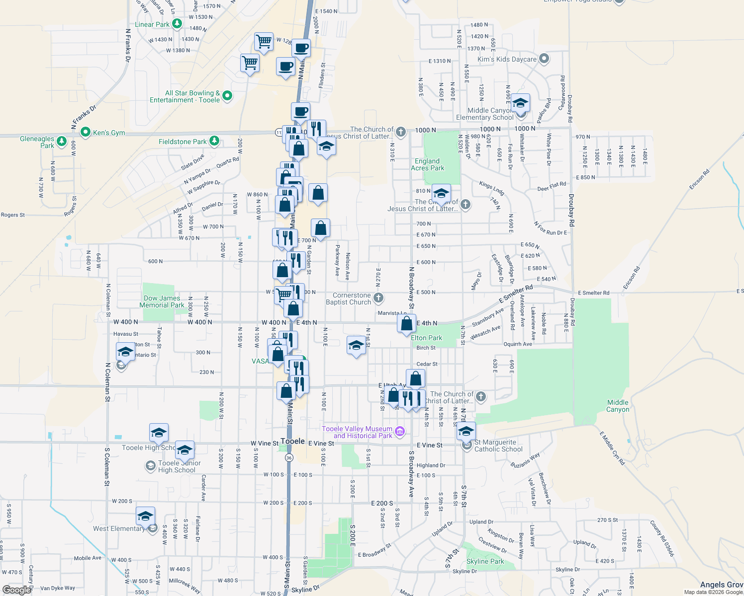 map of restaurants, bars, coffee shops, grocery stores, and more near 242 E 500 N in Tooele
