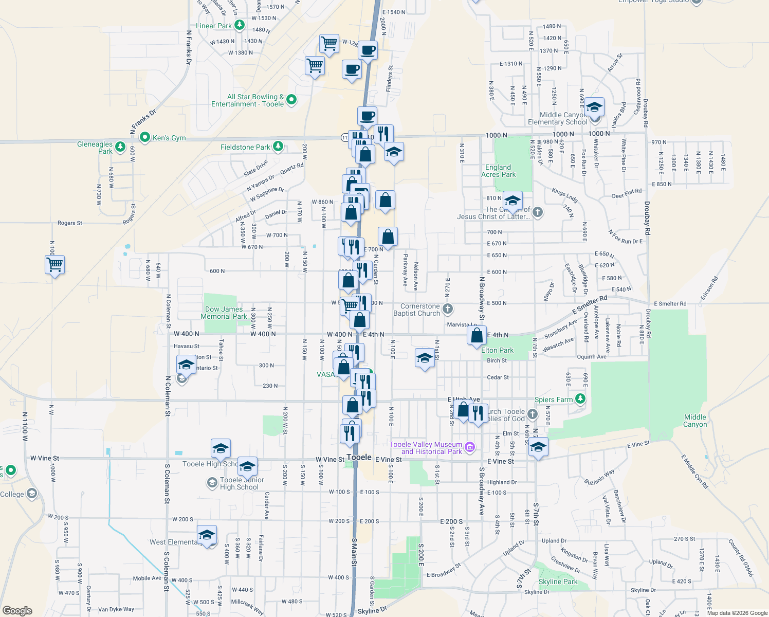 map of restaurants, bars, coffee shops, grocery stores, and more near 78 E 500 N in Tooele