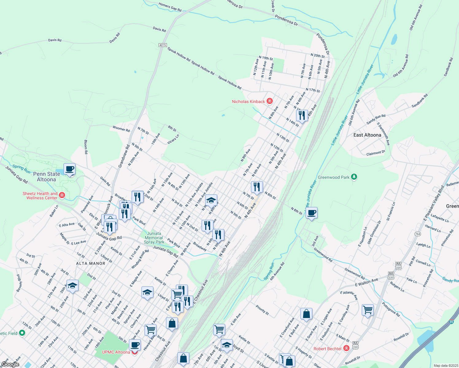 map of restaurants, bars, coffee shops, grocery stores, and more near North 7th Street in Altoona