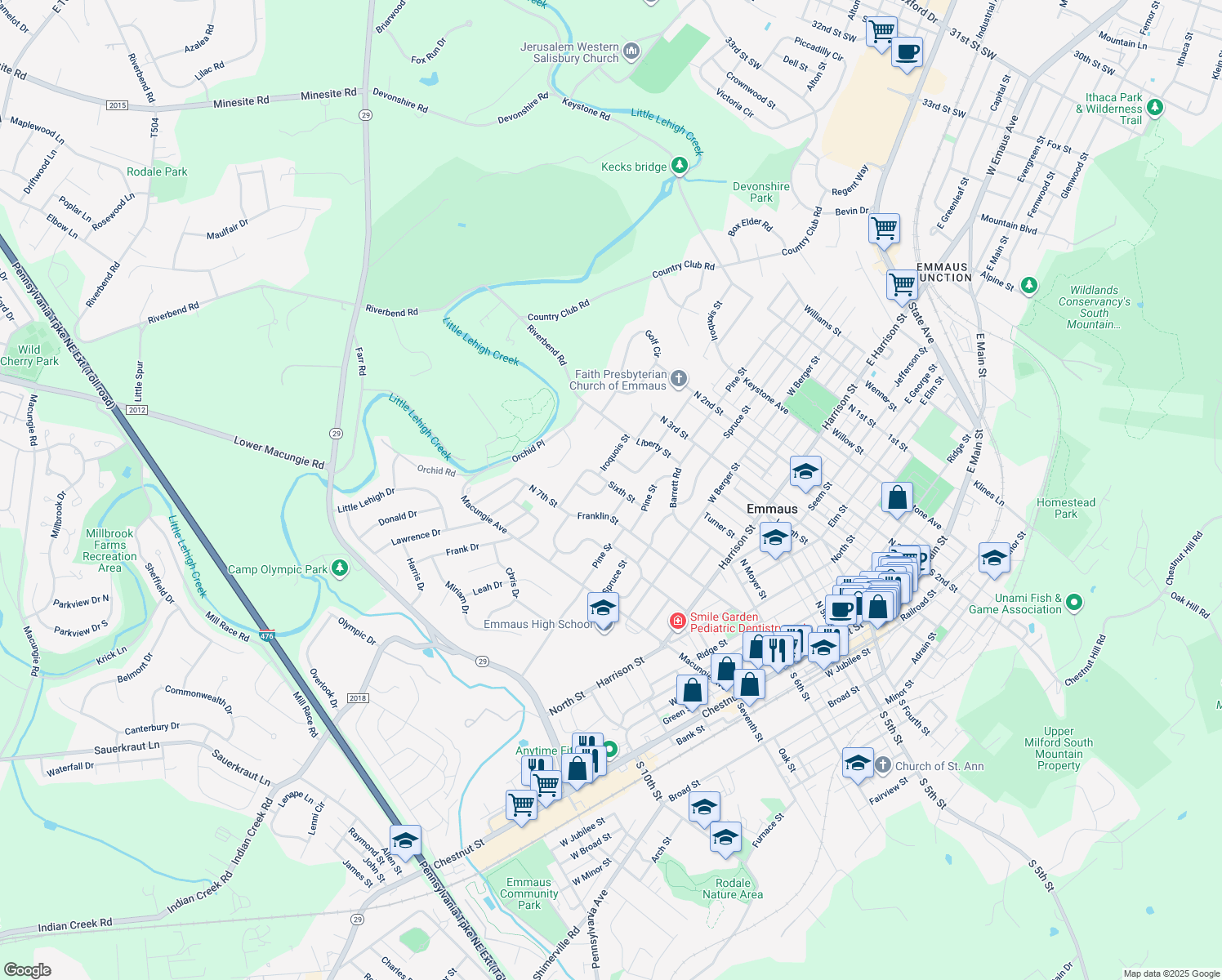 map of restaurants, bars, coffee shops, grocery stores, and more near 606 Alden Drive in Emmaus