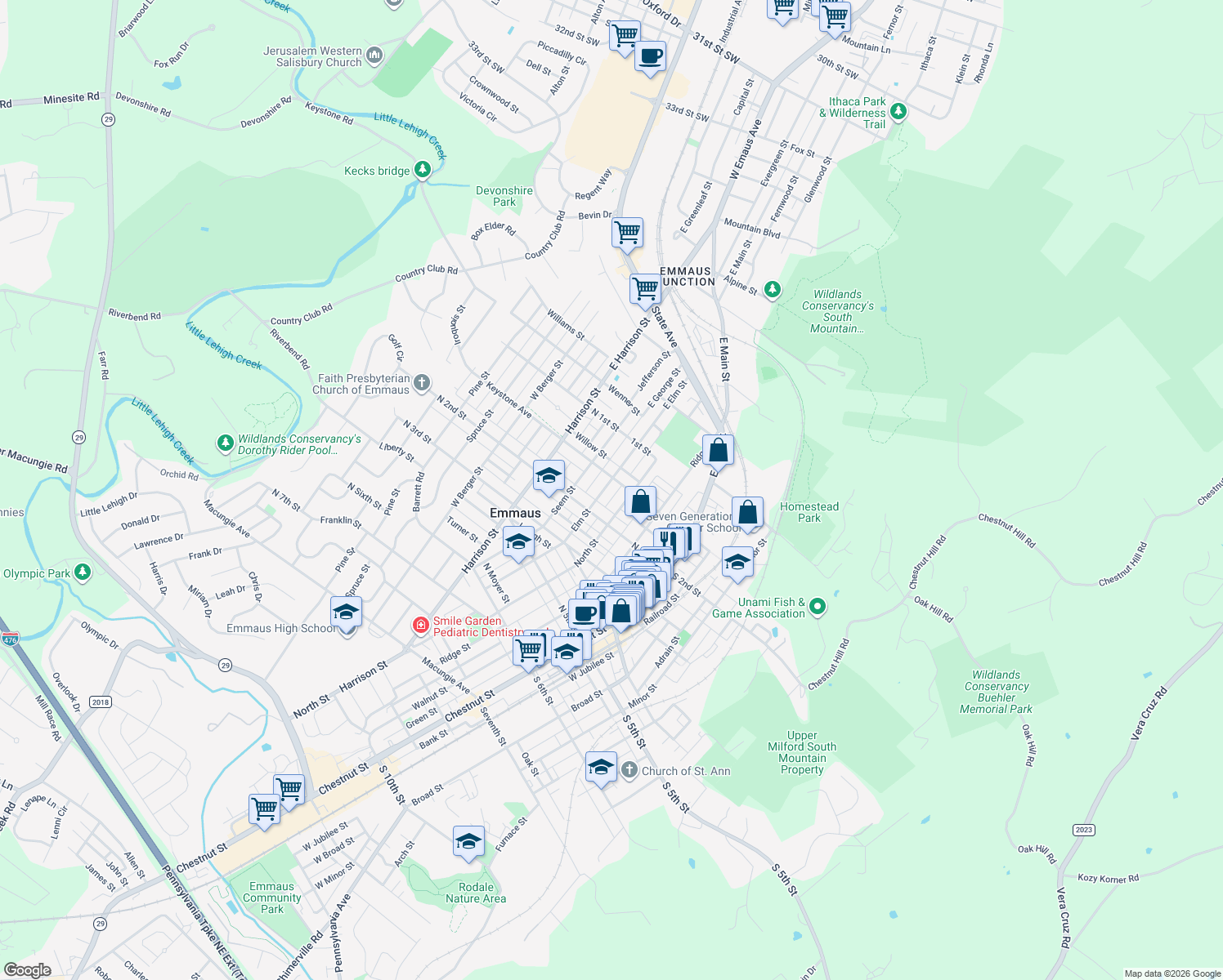 map of restaurants, bars, coffee shops, grocery stores, and more near 162 Elm St in Emmaus