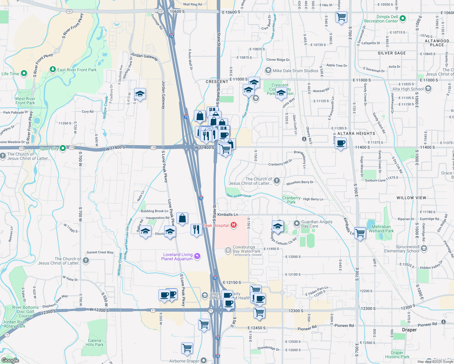 map of restaurants, bars, coffee shops, grocery stores, and more near 11606 Sweet Berry Drive in Draper