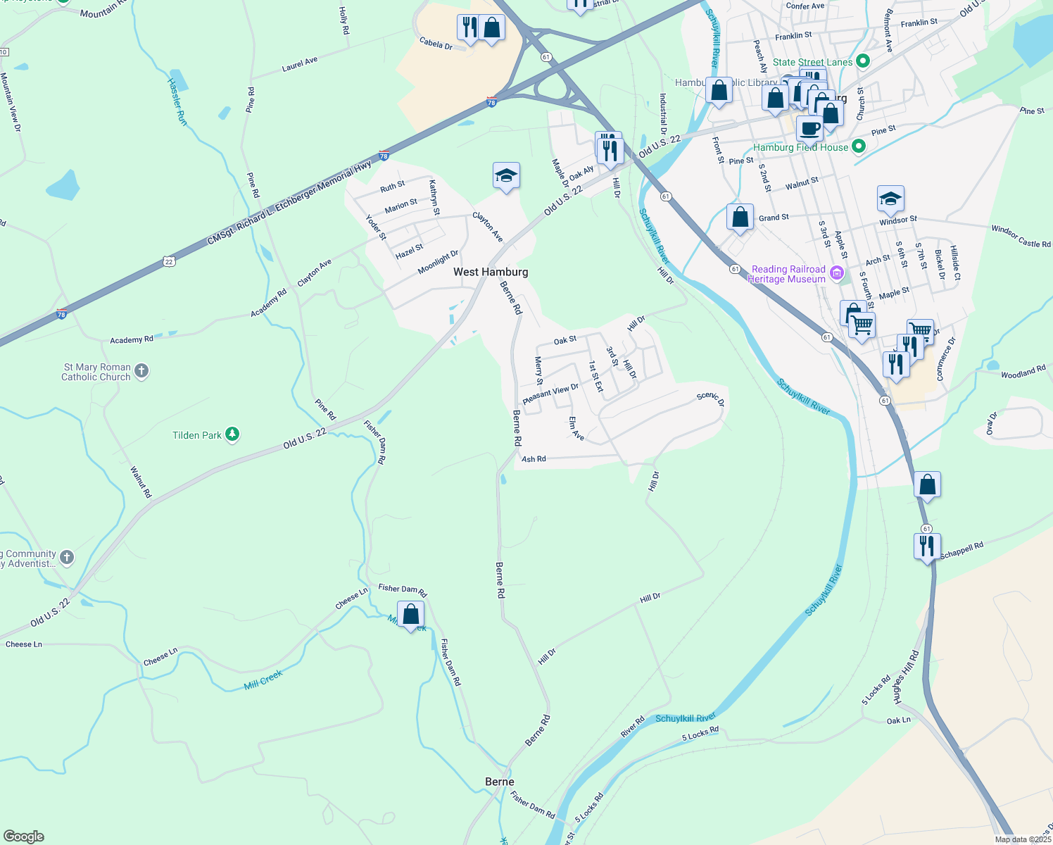 map of restaurants, bars, coffee shops, grocery stores, and more near 115 Berne Road in Hamburg