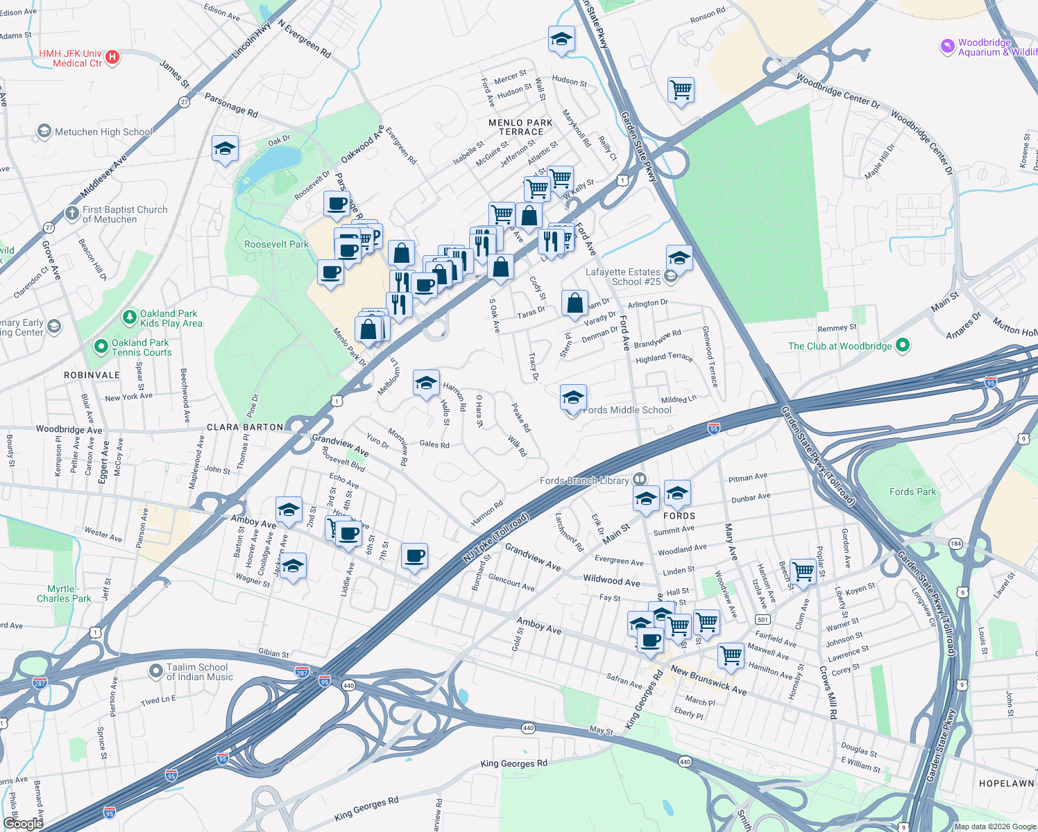 map of restaurants, bars, coffee shops, grocery stores, and more near 21 Peake Rd in Edison