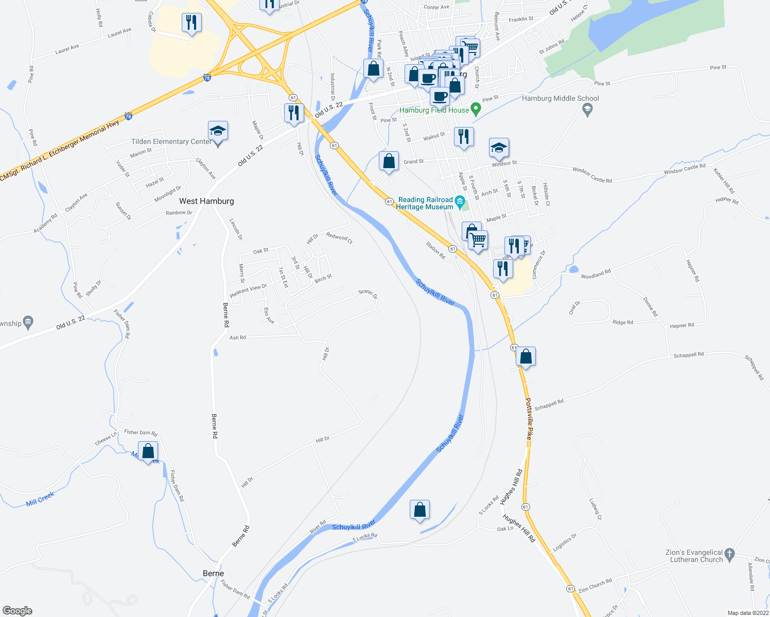 map of restaurants, bars, coffee shops, grocery stores, and more near 23 Scenic Drive in Hamburg
