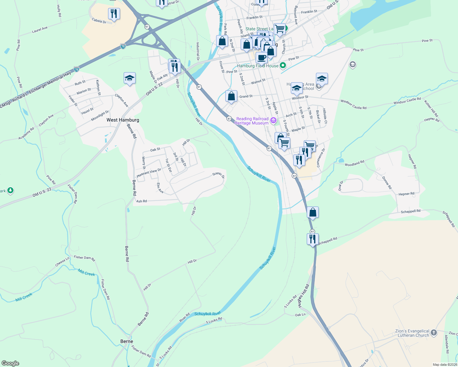 map of restaurants, bars, coffee shops, grocery stores, and more near 23 Scenic Drive in Hamburg