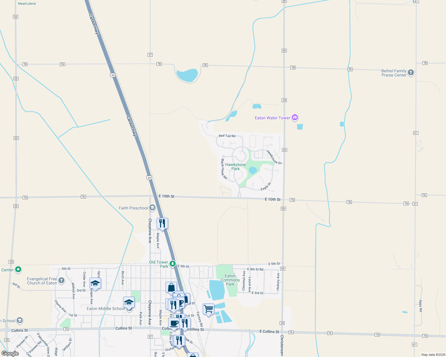 map of restaurants, bars, coffee shops, grocery stores, and more near 1160 Black Hawk Road in Eaton