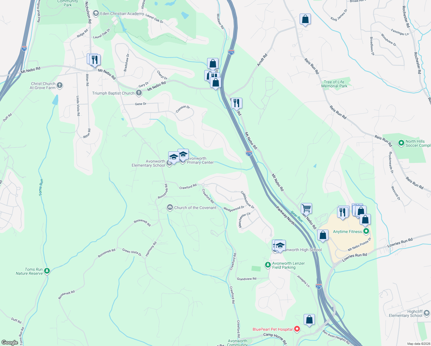 map of restaurants, bars, coffee shops, grocery stores, and more near 125 Buckingham Drive in Pittsburgh