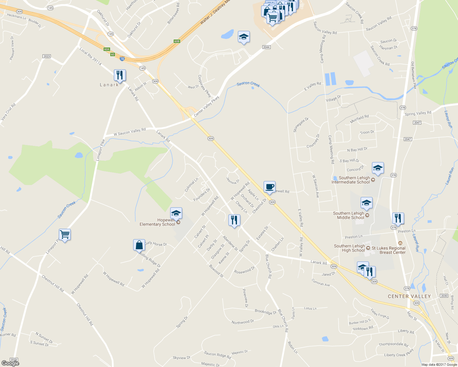 map of restaurants, bars, coffee shops, grocery stores, and more near 4546 Jasmine Drive in Lehigh County