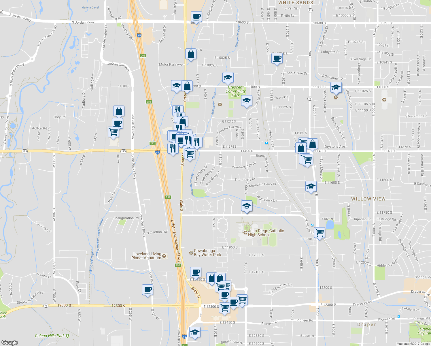 map of restaurants, bars, coffee shops, grocery stores, and more near 11544 Olive Berry Lane in Draper