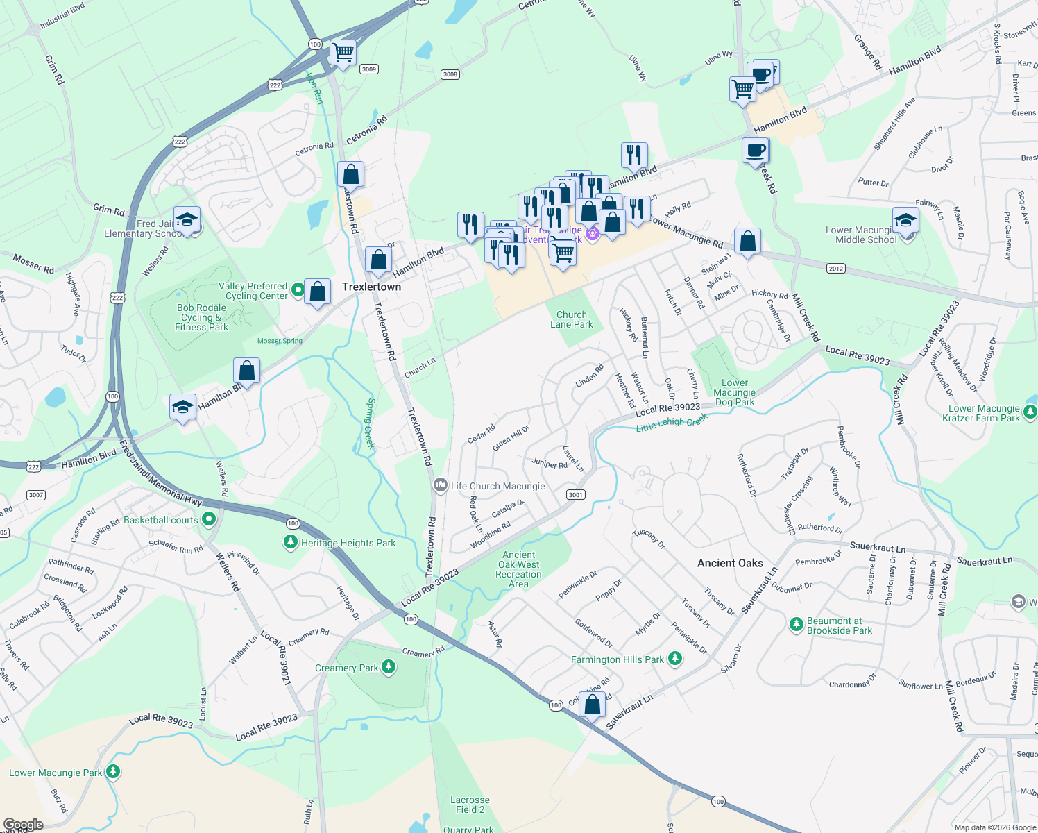 map of restaurants, bars, coffee shops, grocery stores, and more near 7266 Cedar Rd in Macungie