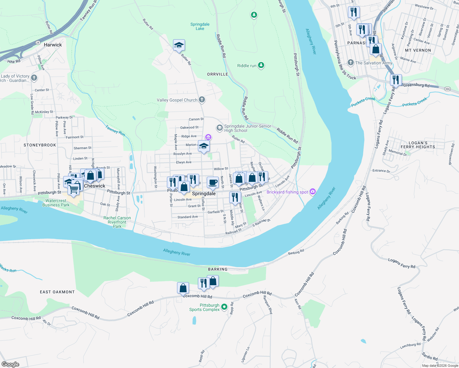 map of restaurants, bars, coffee shops, grocery stores, and more near 329 James Street in Springdale