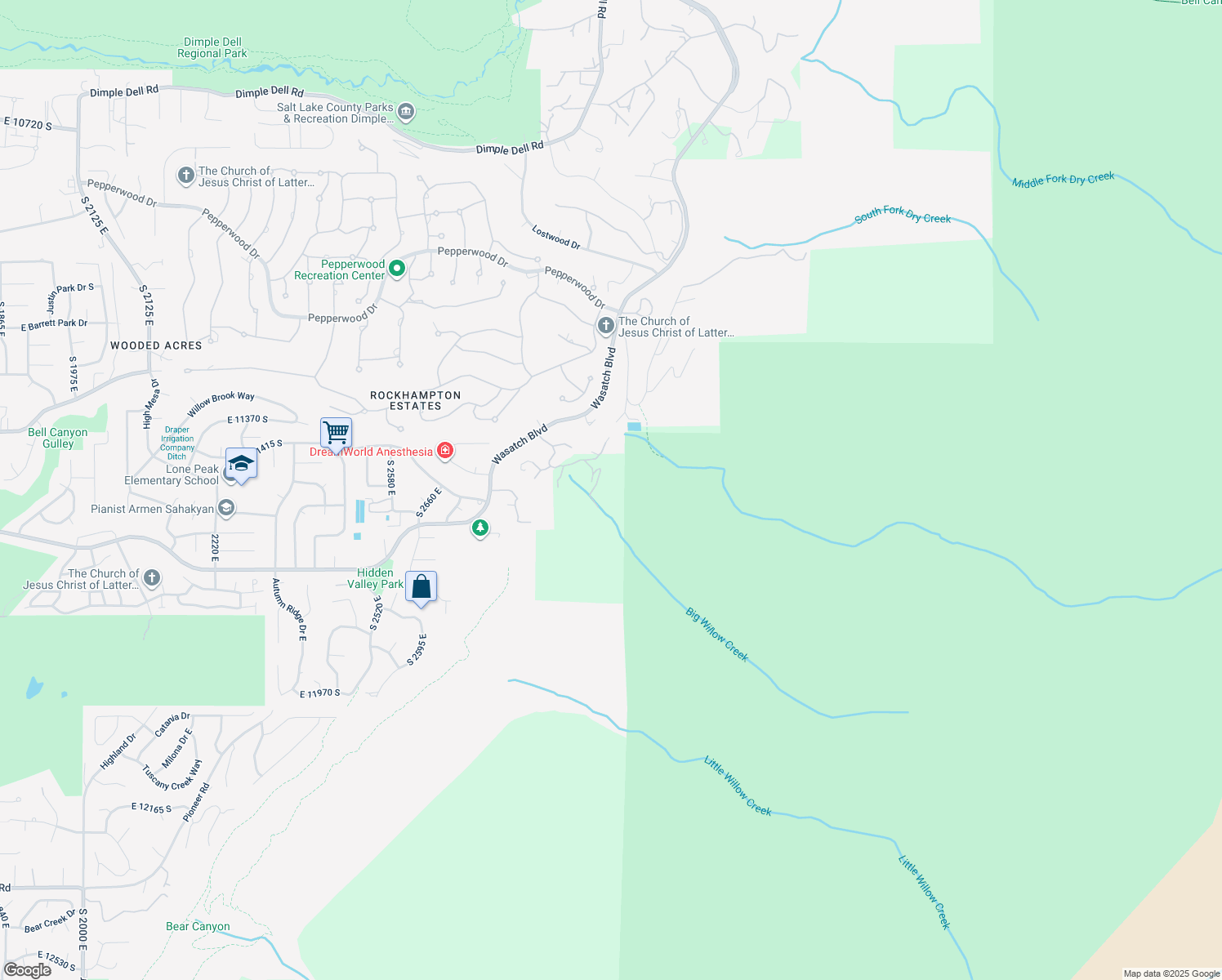map of restaurants, bars, coffee shops, grocery stores, and more near 11525 South Big Willow Court in Sandy