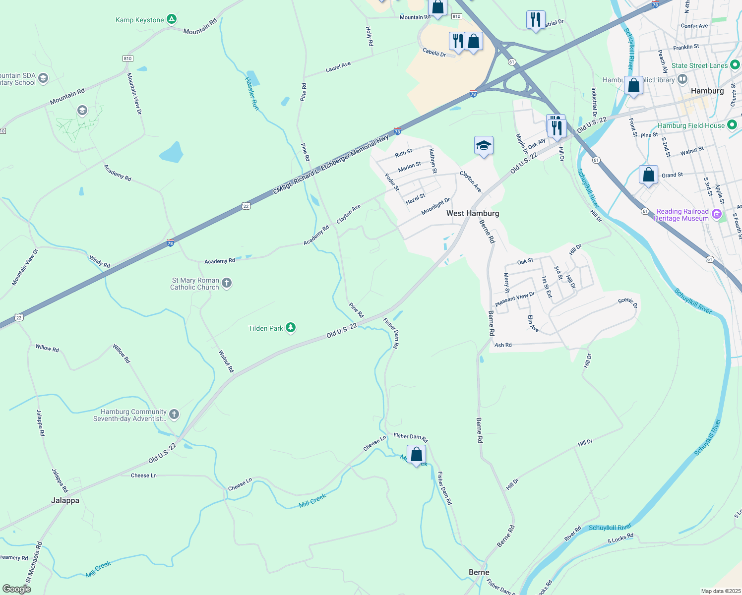 map of restaurants, bars, coffee shops, grocery stores, and more near 2 Sholly Drive in Hamburg
