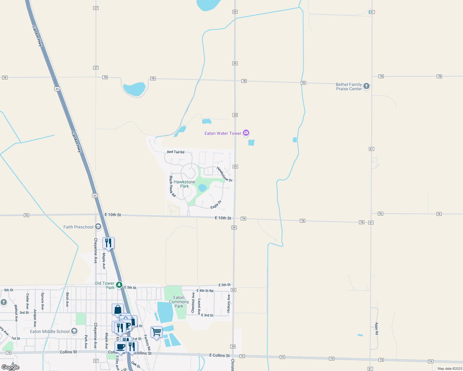 map of restaurants, bars, coffee shops, grocery stores, and more near 955 Cooper Hawk Road in Eaton