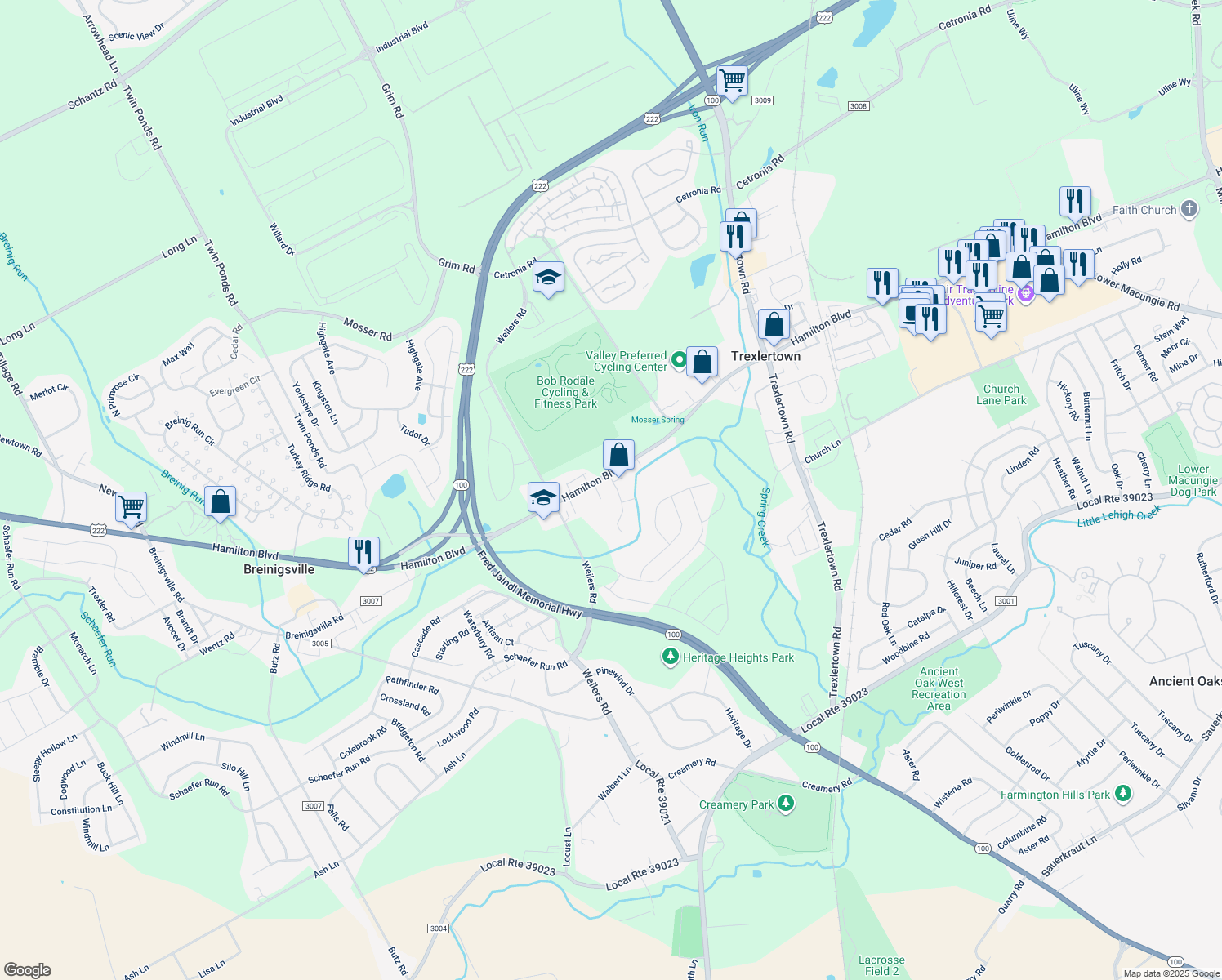 map of restaurants, bars, coffee shops, grocery stores, and more near 1212 Little Creek Circle in Breinigsville