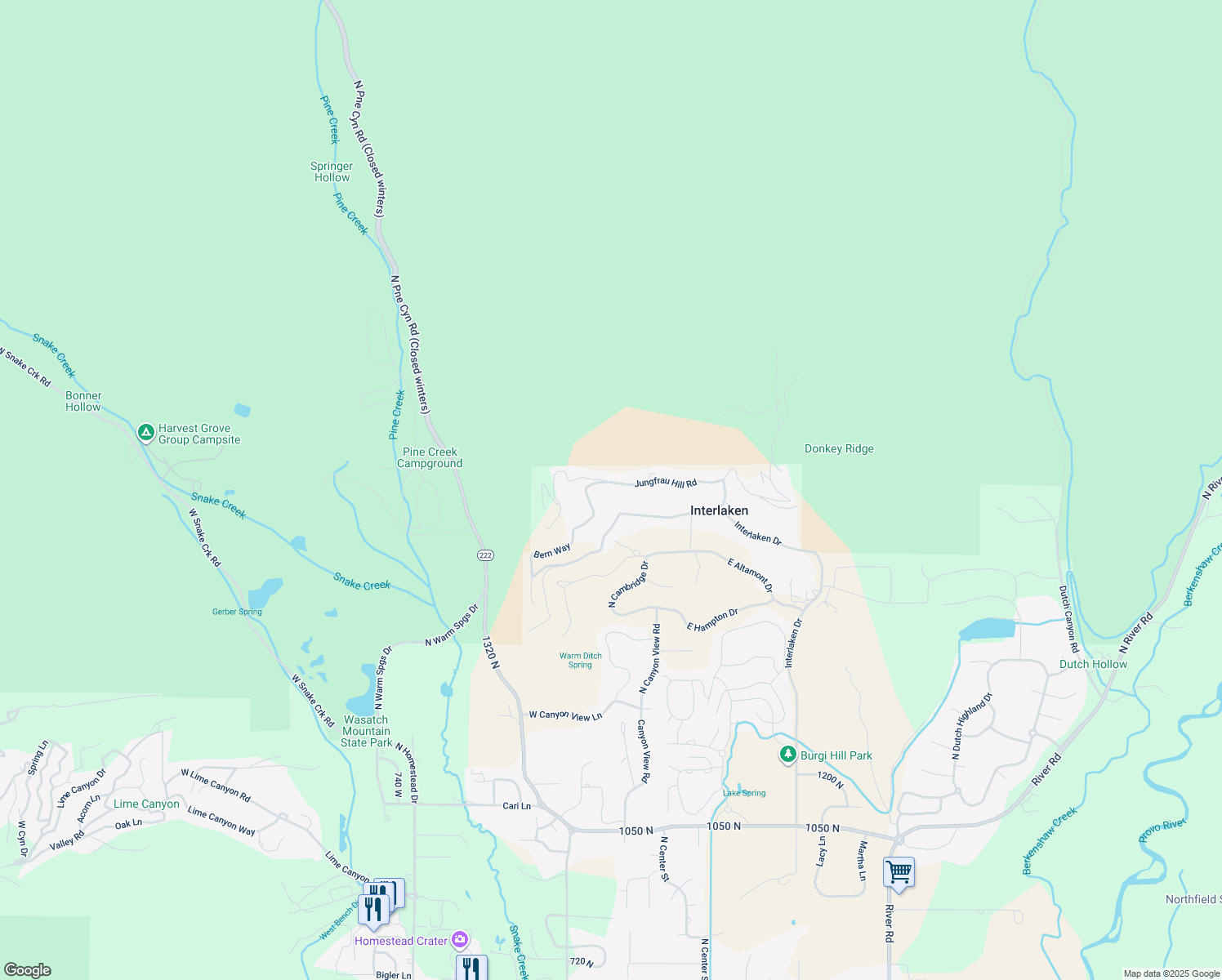 map of restaurants, bars, coffee shops, grocery stores, and more near 321 Jungfrau Hill Road in Midway