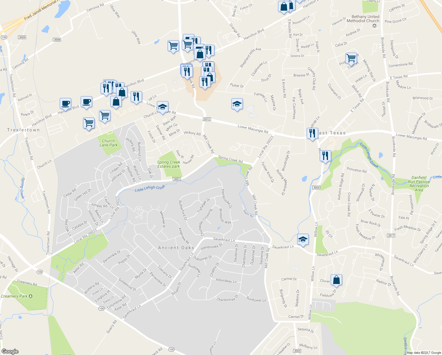 map of restaurants, bars, coffee shops, grocery stores, and more near 1779 Pembrooke Drive in Macungie