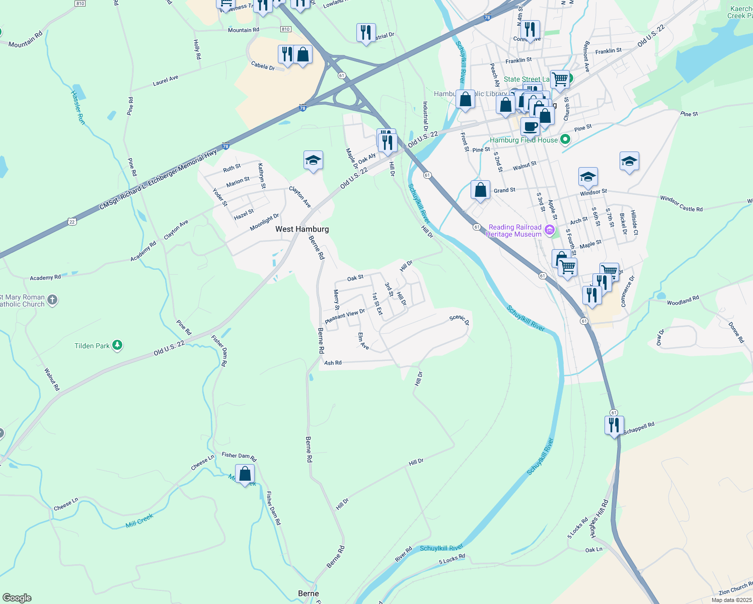 map of restaurants, bars, coffee shops, grocery stores, and more near 713 1st Street Extension in Hamburg