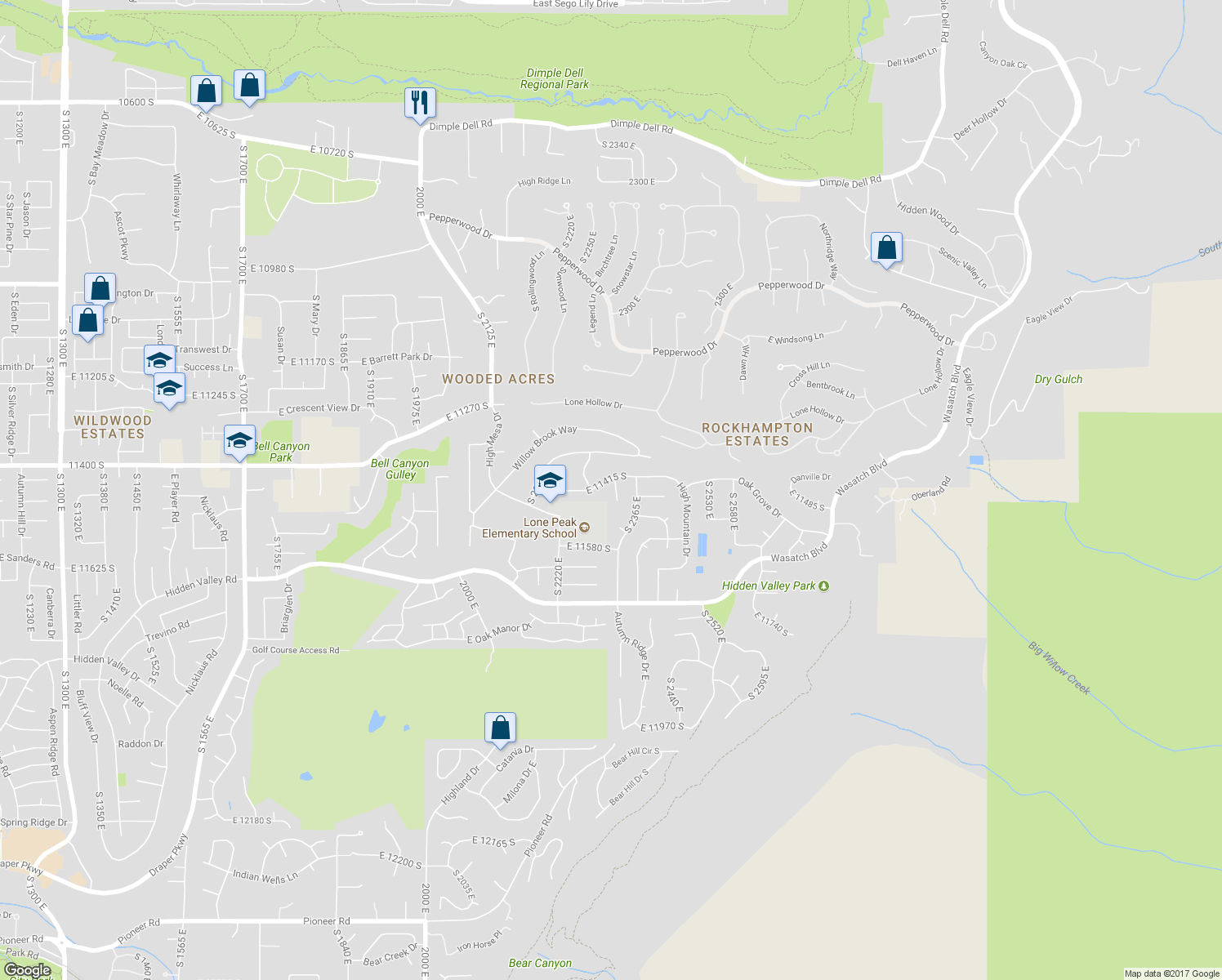 map of restaurants, bars, coffee shops, grocery stores, and more near 11446 South 2320 East in Sandy