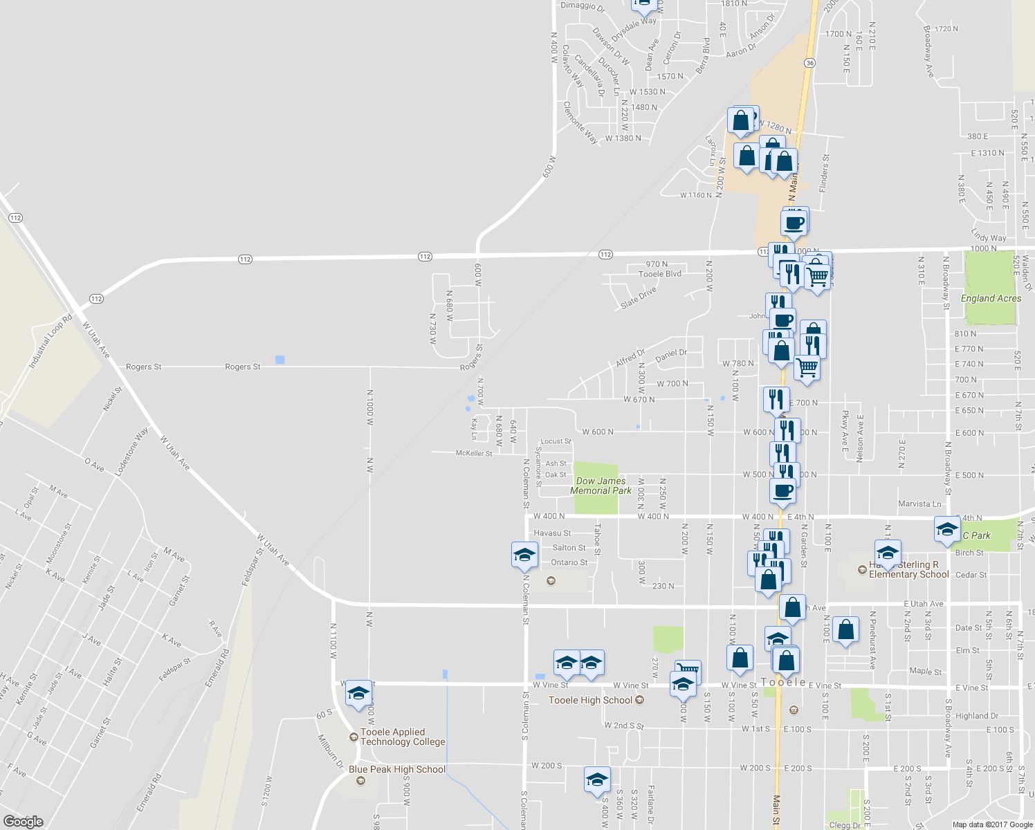 map of restaurants, bars, coffee shops, grocery stores, and more near 634 North 640 West in Tooele