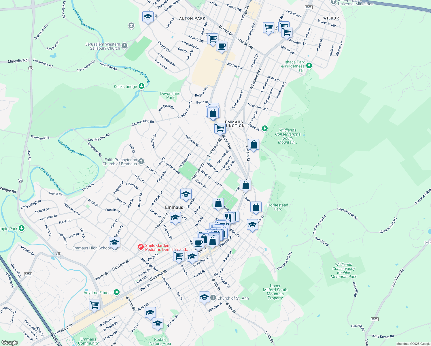 map of restaurants, bars, coffee shops, grocery stores, and more near 328 Wenner Street in Emmaus