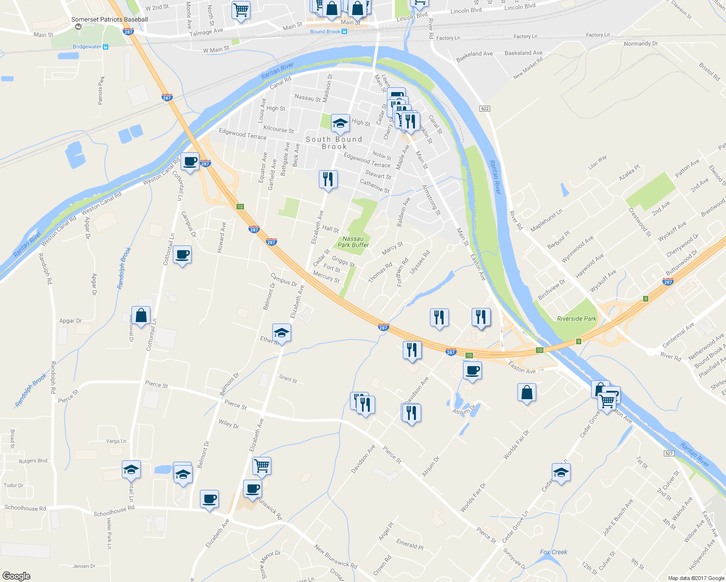 map of restaurants, bars, coffee shops, grocery stores, and more near 32 Thomas Road in Franklin Township