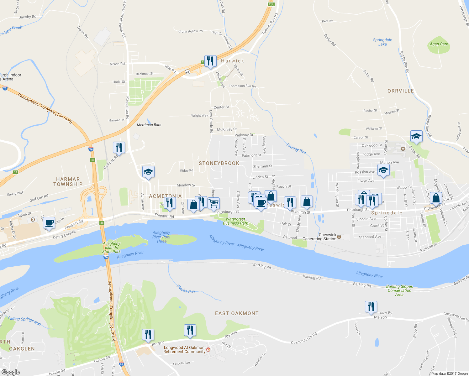 map of restaurants, bars, coffee shops, grocery stores, and more near 213 Pillow Avenue in Cheswick