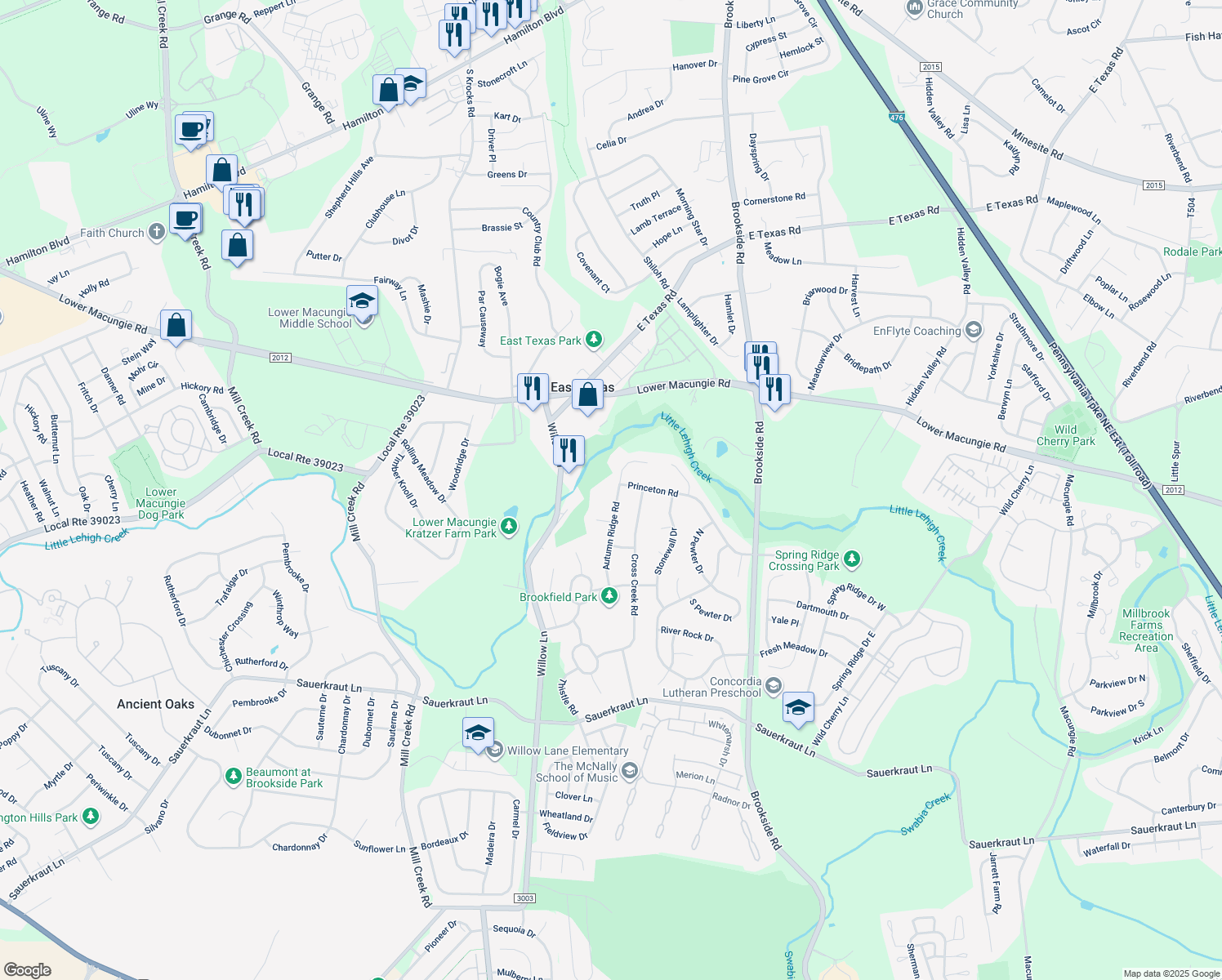 map of restaurants, bars, coffee shops, grocery stores, and more near 2040 Autumn Ridge Rd in Macungie