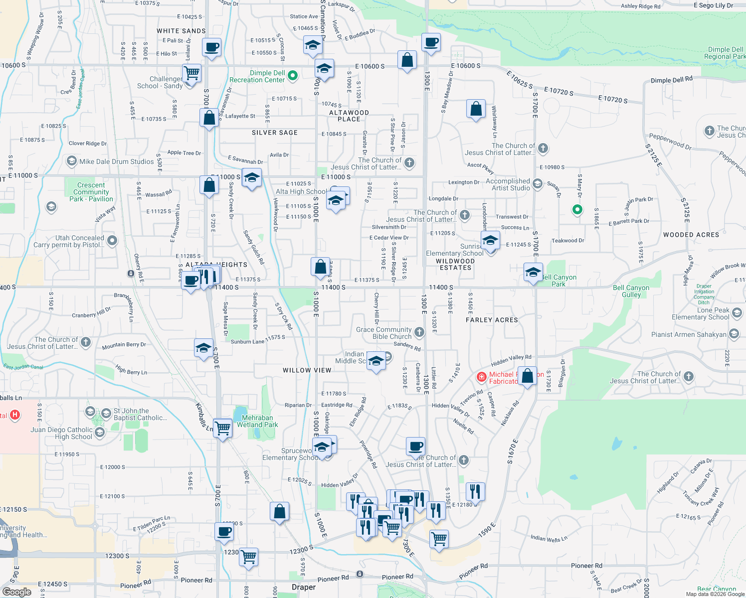 map of restaurants, bars, coffee shops, grocery stores, and more near 11438 Cherry Hill Dr in Sandy