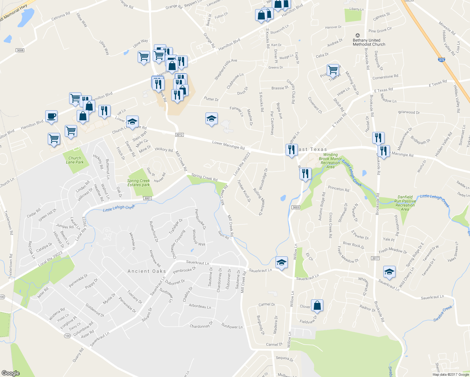 map of restaurants, bars, coffee shops, grocery stores, and more near 1989 Rolling Meadow Drive in Macungie