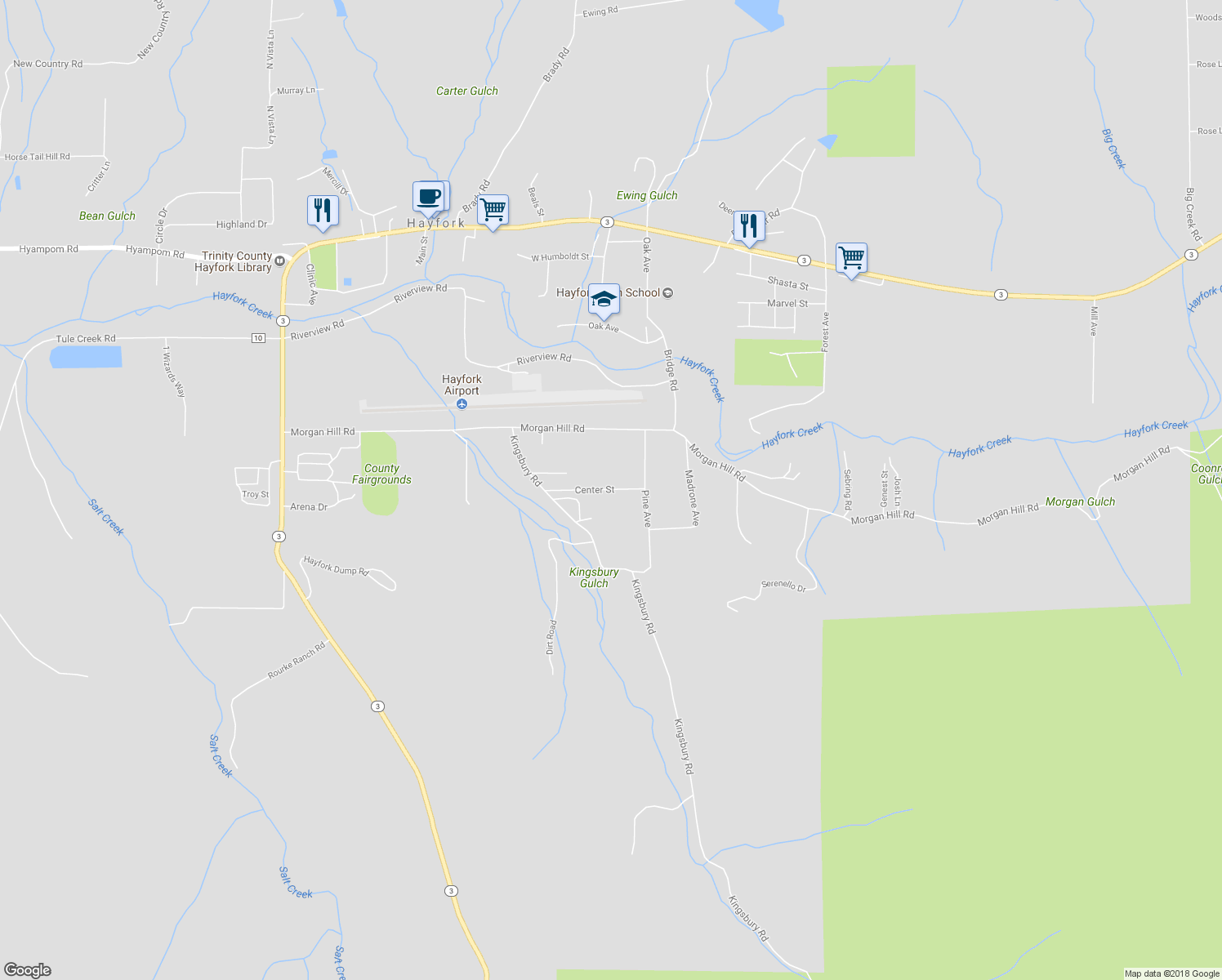 map of restaurants, bars, coffee shops, grocery stores, and more near Center Street in Hayfork