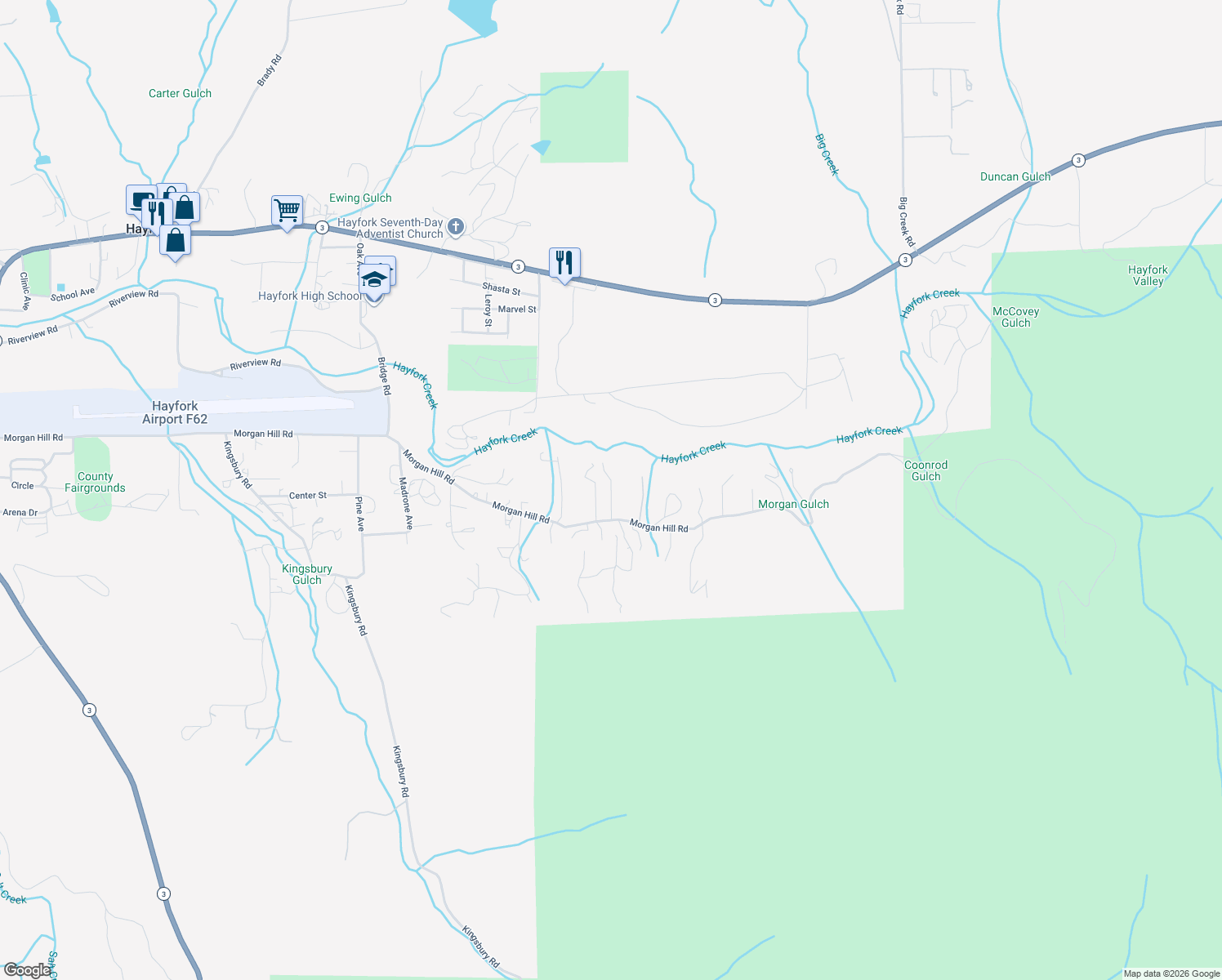 map of restaurants, bars, coffee shops, grocery stores, and more near Josh Ln in Hayfork
