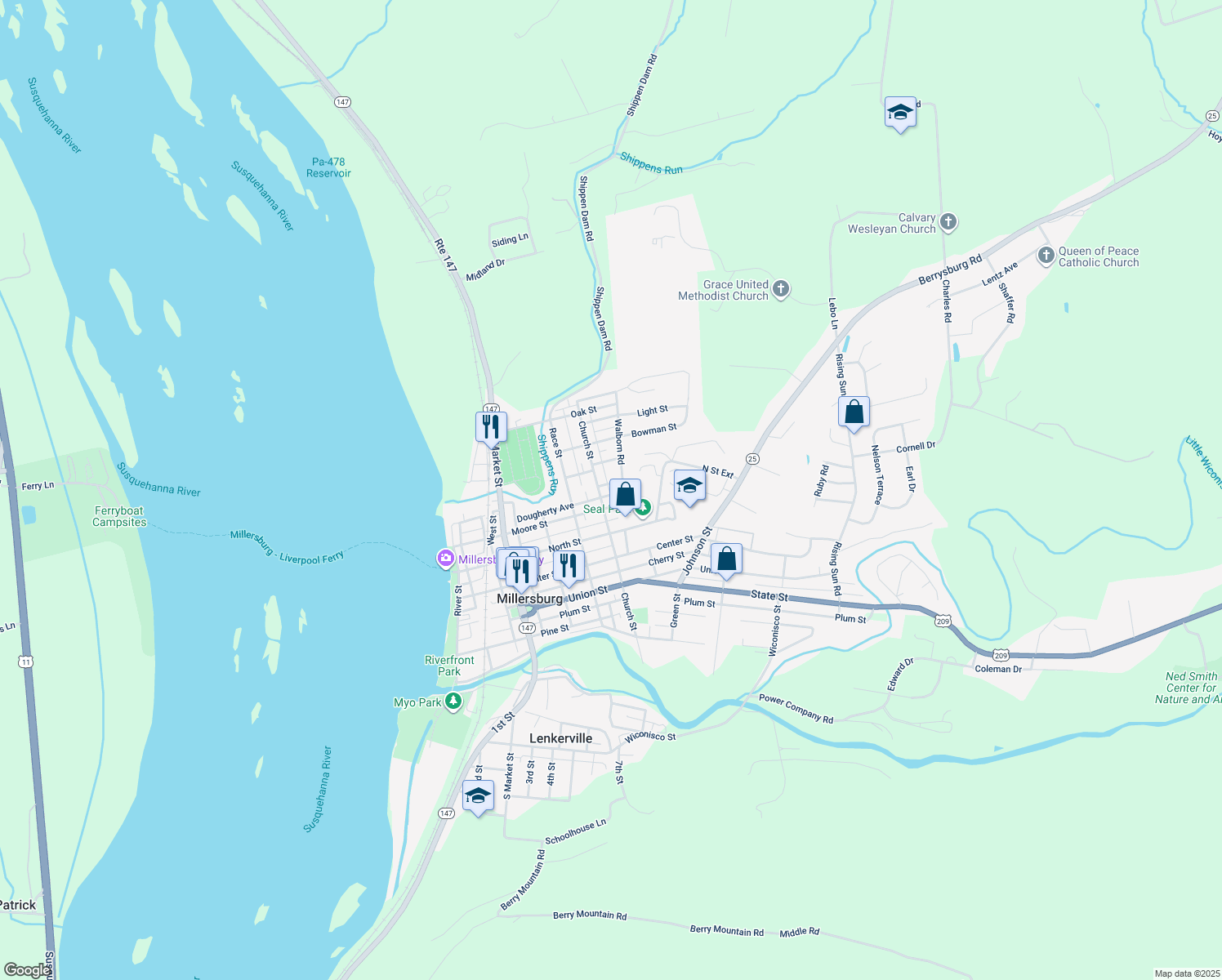map of restaurants, bars, coffee shops, grocery stores, and more near 530 Wert Street in Millersburg