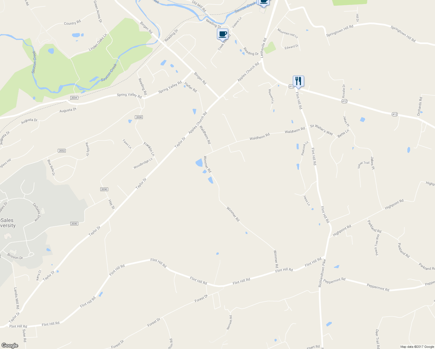 map of restaurants, bars, coffee shops, grocery stores, and more near 7007 Wimmer Road in Bethlehem