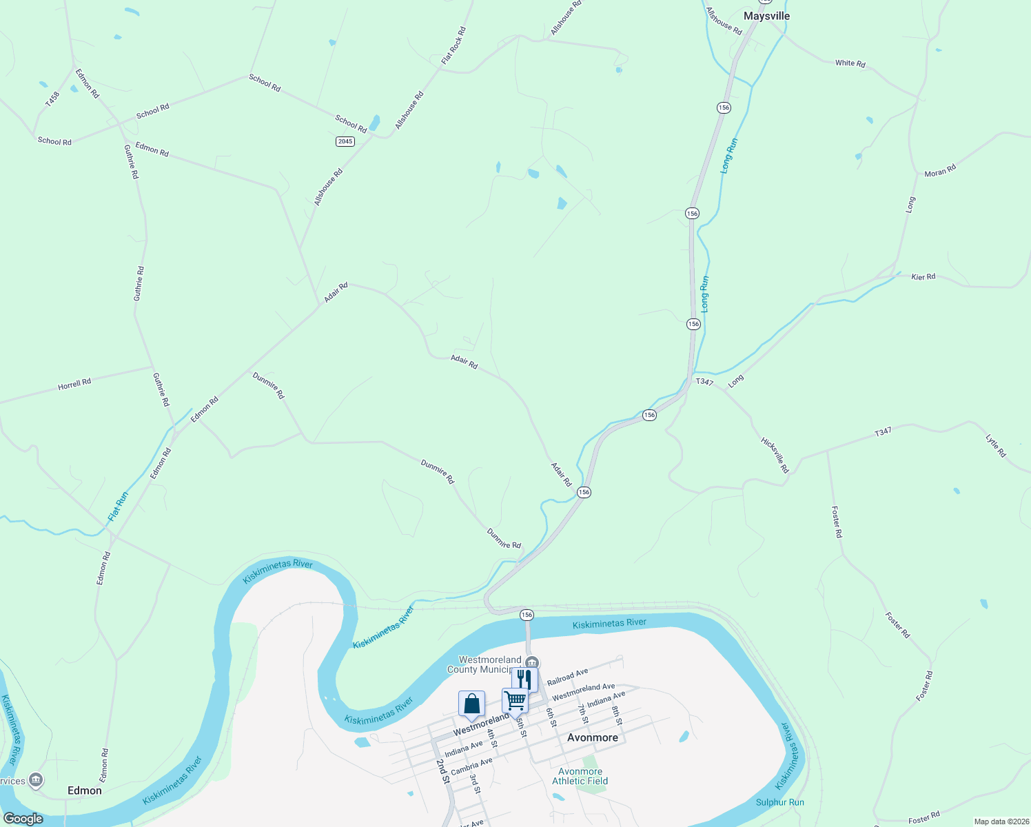 map of restaurants, bars, coffee shops, grocery stores, and more near 169 Adair Road in Avonmore