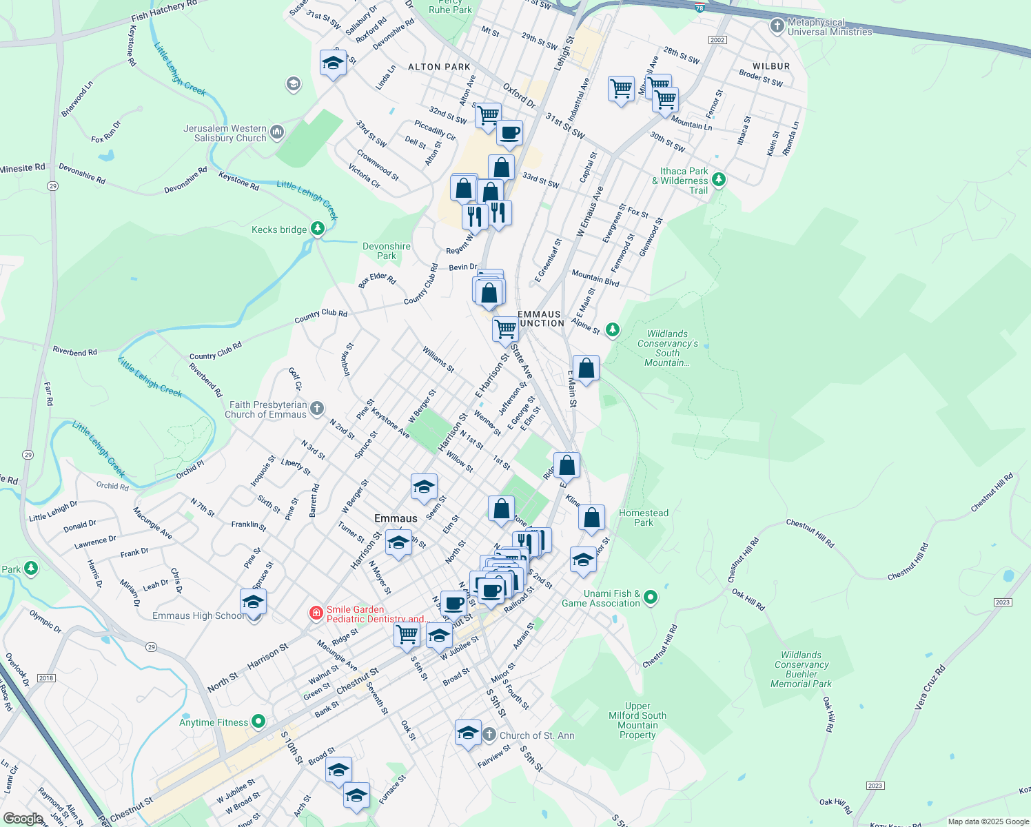 map of restaurants, bars, coffee shops, grocery stores, and more near 103 East George Street in Emmaus