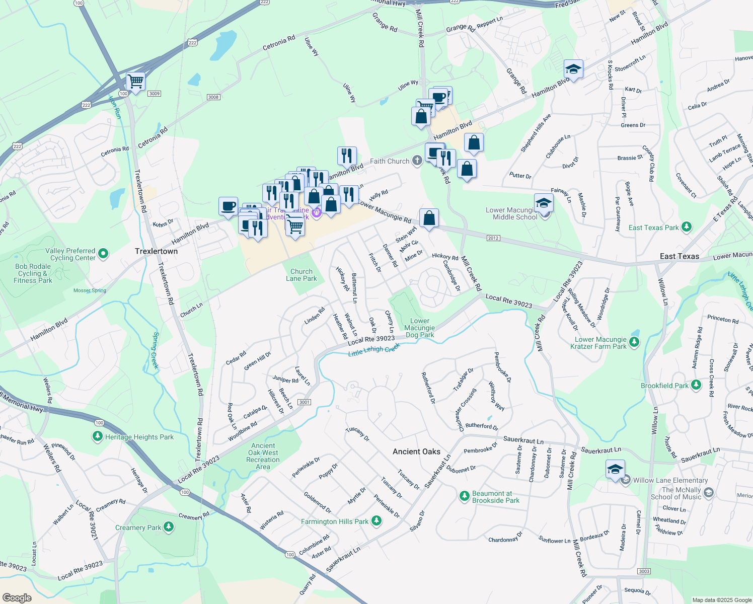 map of restaurants, bars, coffee shops, grocery stores, and more near 6860 Linden Circle in Macungie