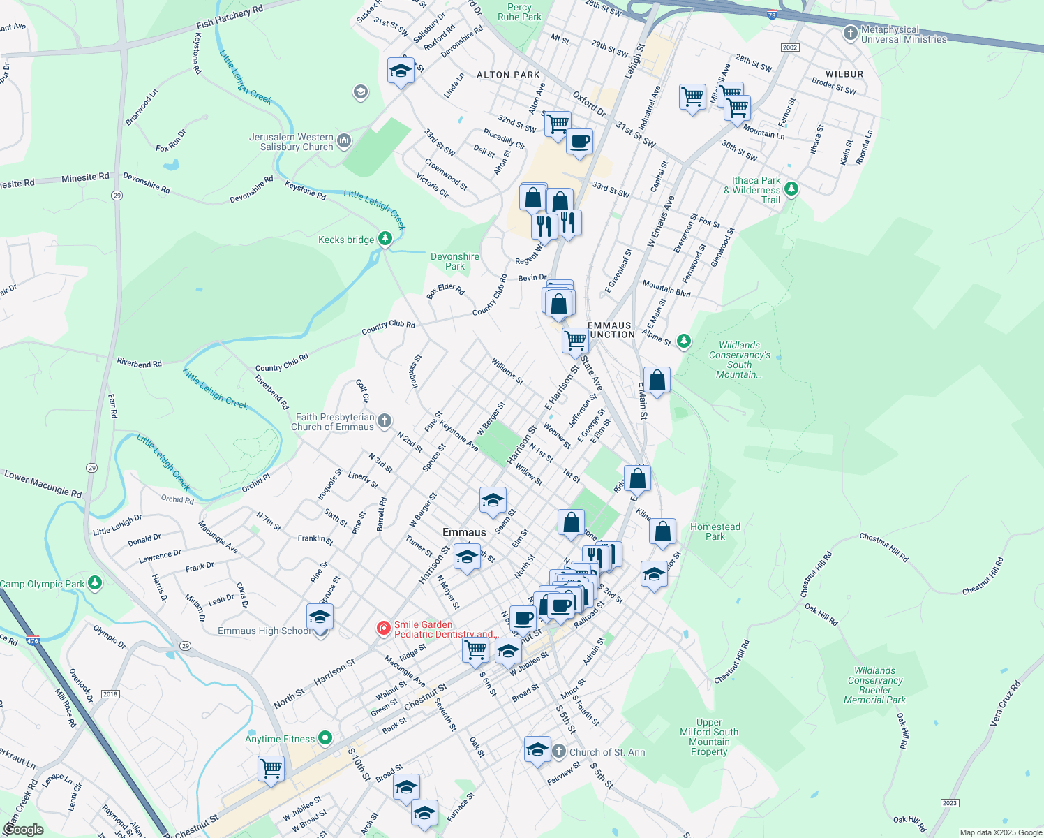 map of restaurants, bars, coffee shops, grocery stores, and more near 16 West Greenleaf Street in Emmaus