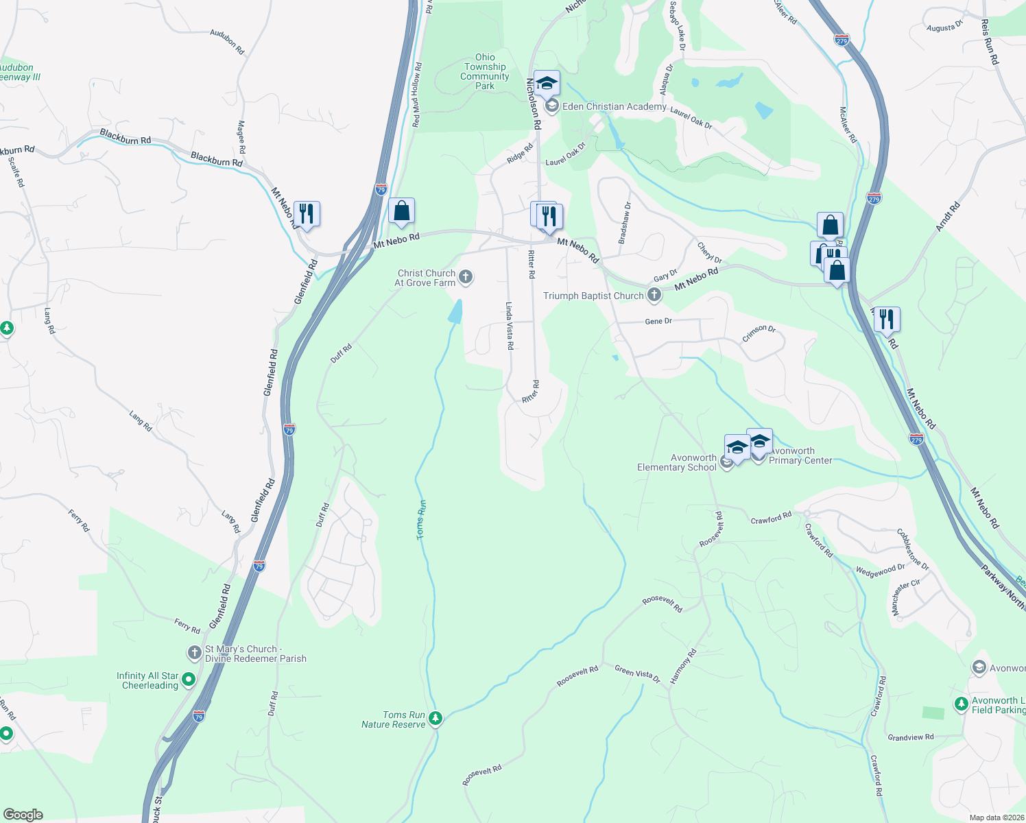 map of restaurants, bars, coffee shops, grocery stores, and more near 303 Ritter Road South in Sewickley
