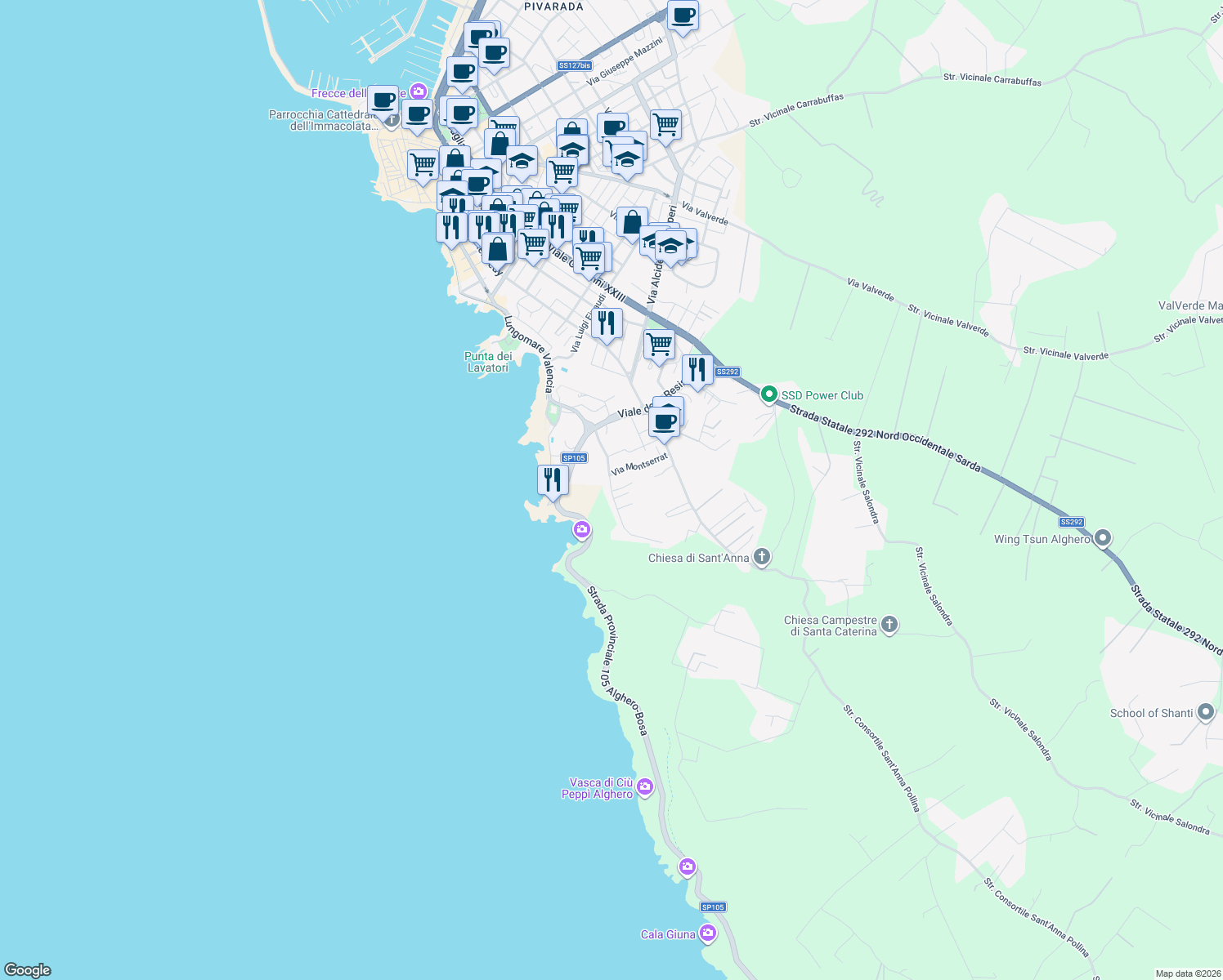 map of restaurants, bars, coffee shops, grocery stores, and more near 15 Via Carbia in Alghero