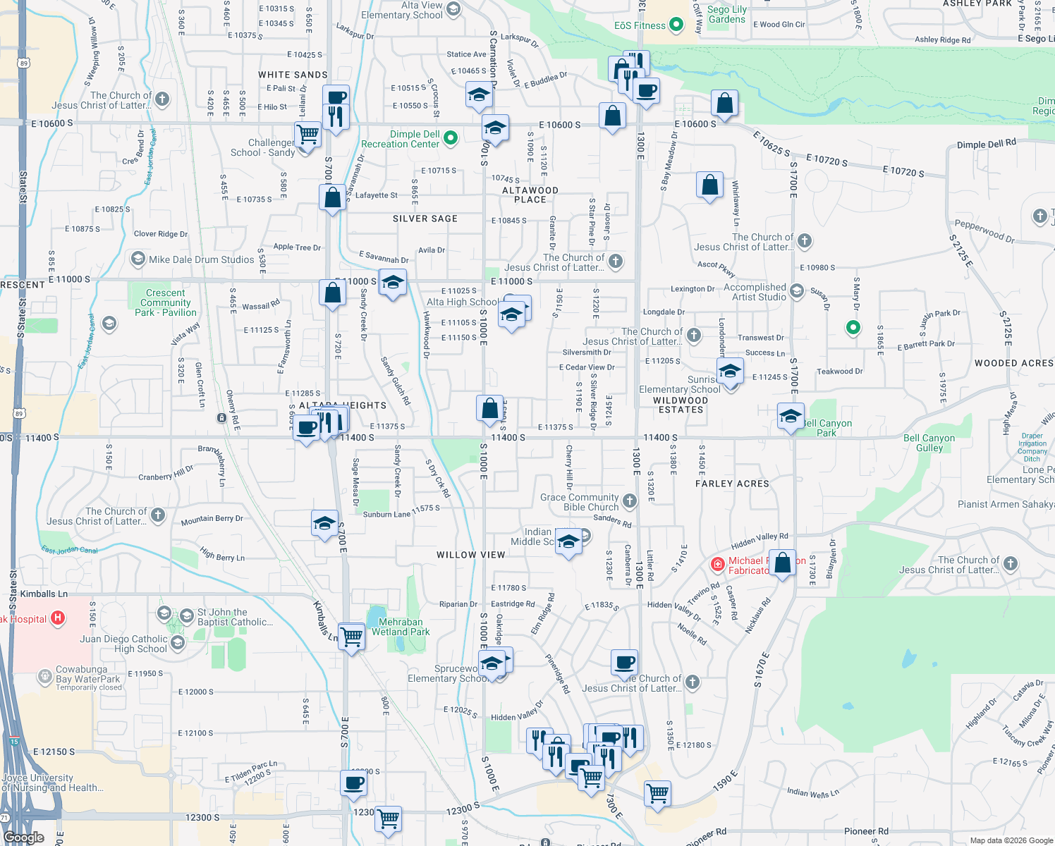 map of restaurants, bars, coffee shops, grocery stores, and more near 1093 Colima Drive in Sandy
