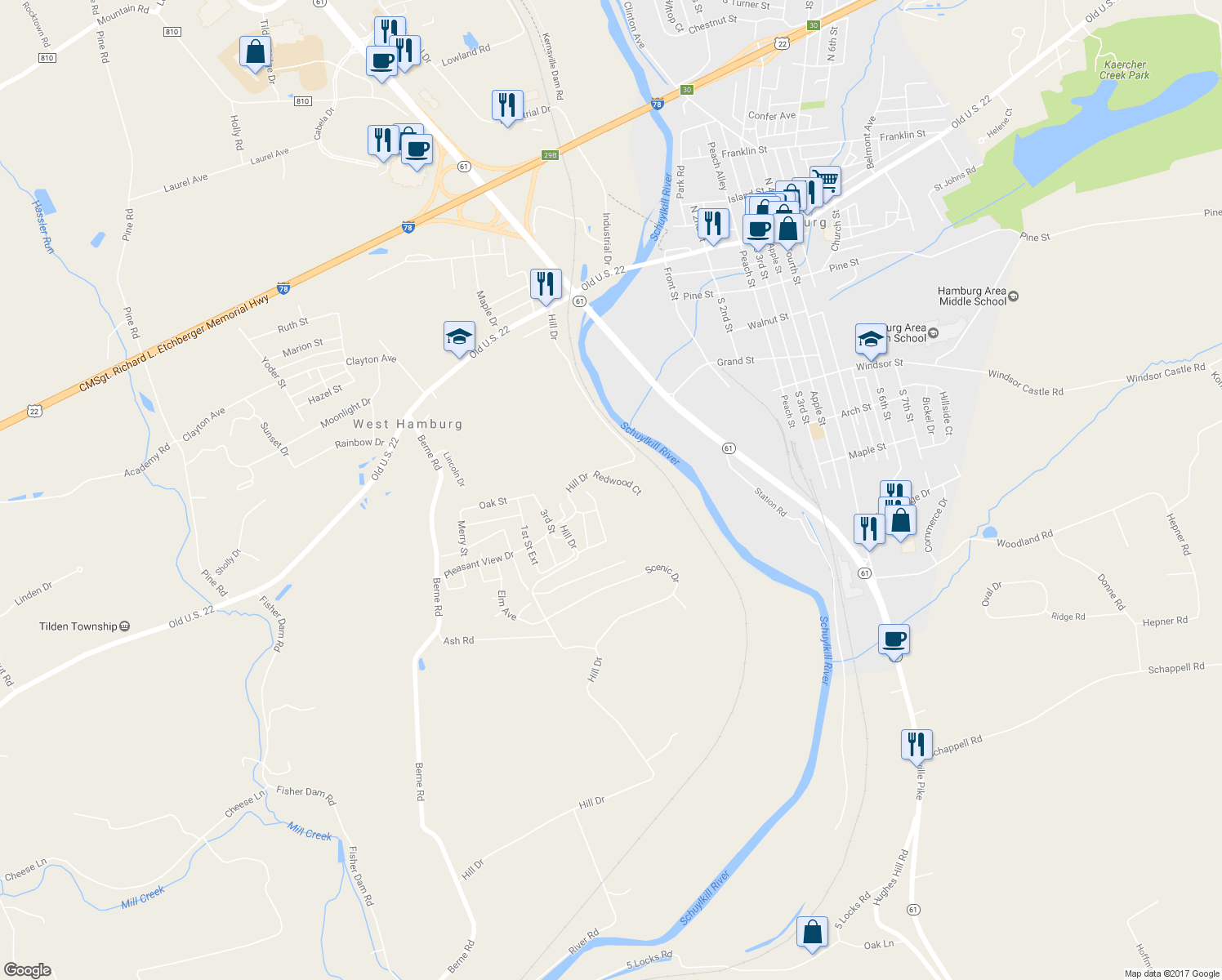 map of restaurants, bars, coffee shops, grocery stores, and more near 1000 Redwood Ct in Hamburg