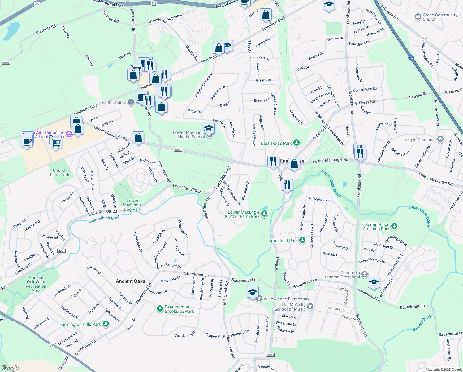 map of restaurants, bars, coffee shops, grocery stores, and more near 2187 Rolling Meadow Drive in Macungie