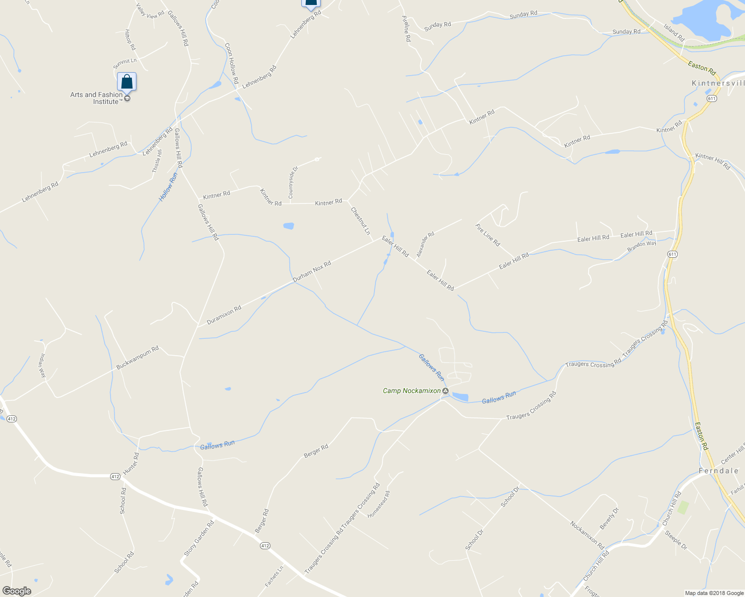 map of restaurants, bars, coffee shops, grocery stores, and more near 288 Durham Nox Road in Kintnersville