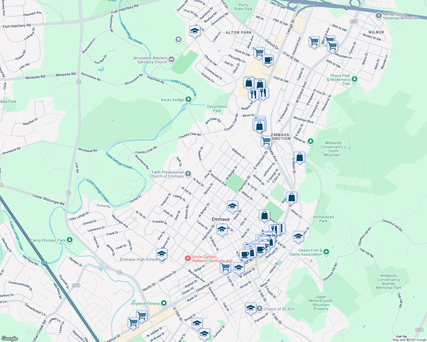 map of restaurants, bars, coffee shops, grocery stores, and more near 144 Pine Street in Emmaus