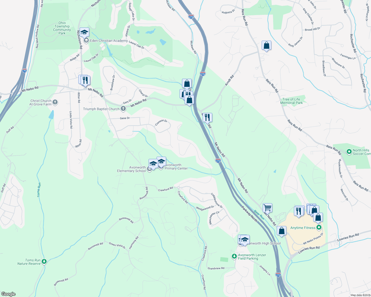 map of restaurants, bars, coffee shops, grocery stores, and more near 114 Berkshire Court in Pittsburgh