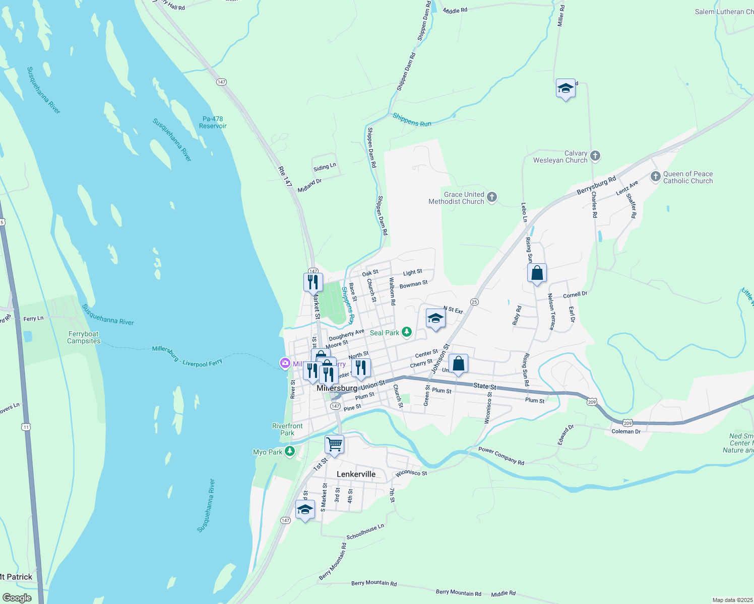 map of restaurants, bars, coffee shops, grocery stores, and more near 700 Church St in Millersburg